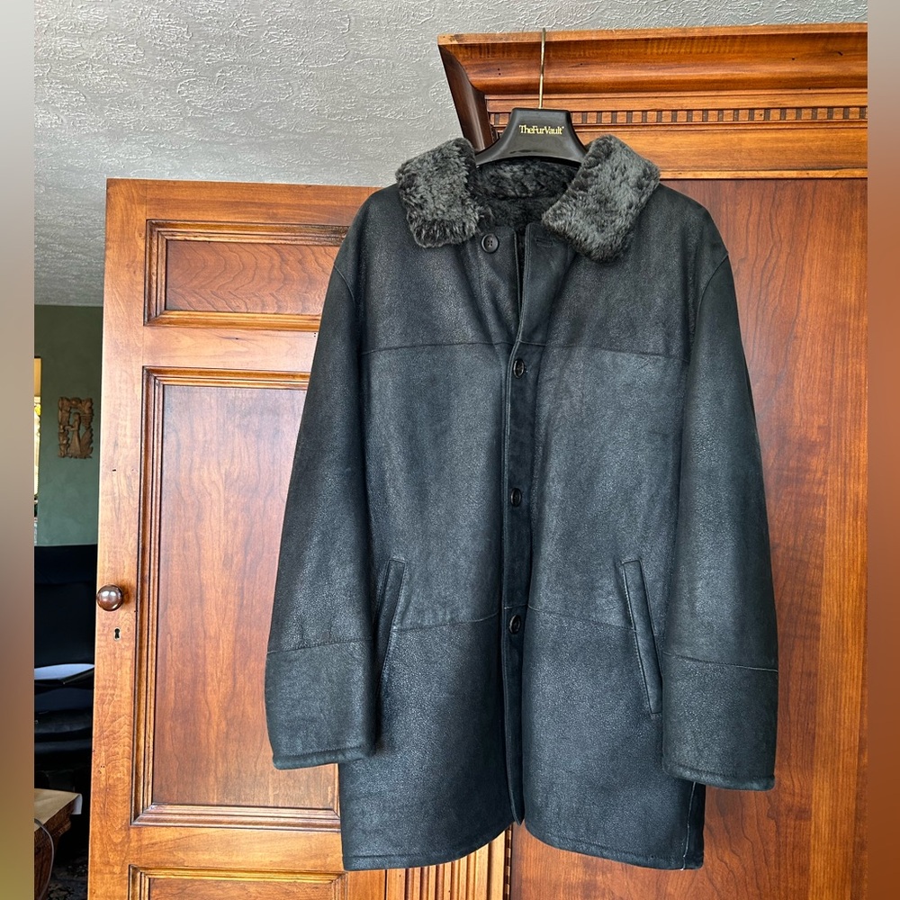 Jhane Barnes Men Charcoal Black Shearling Fur Coat,Size L (ReferTo Measurements)
